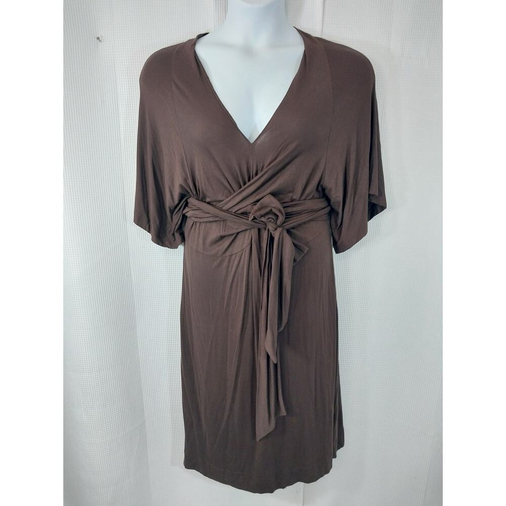 CHADWICKS! ESPRESSO BROWN KNIT JERSEY WRAPPED BELT, HALF SLV MIDI DRESS! SZ 14 - Picture 3 of 13